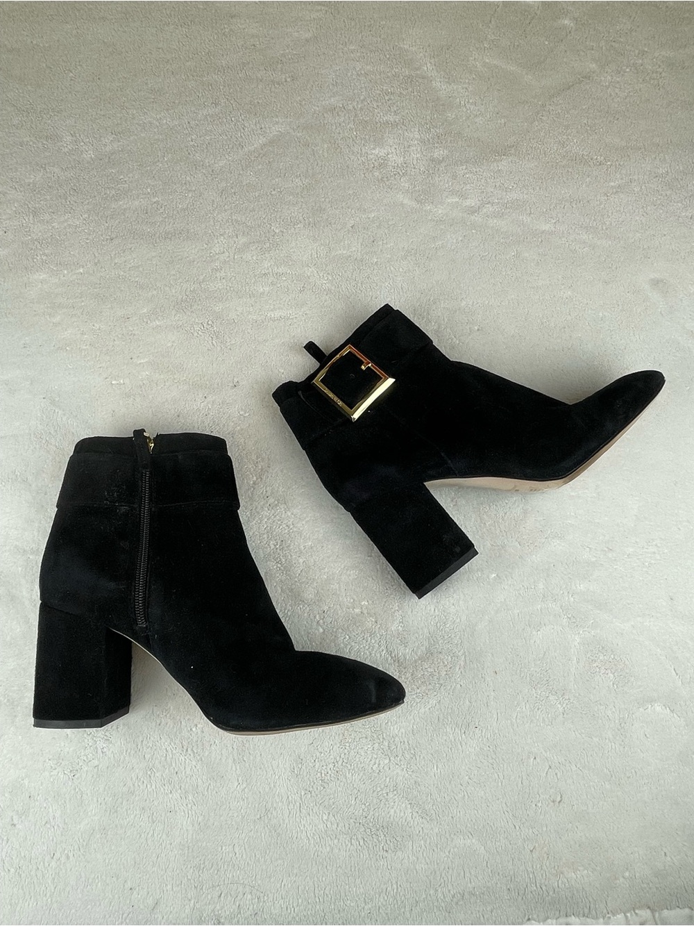 Louise et Cie Women's Black Suede Block Heel Ankle Boots with Gold Buckle